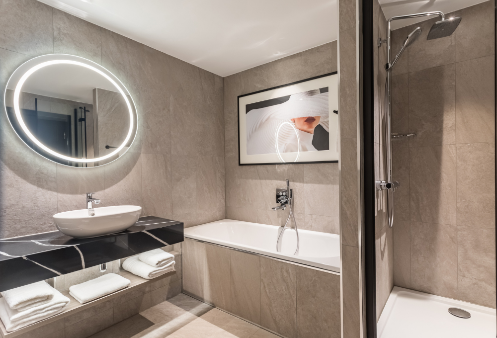 Radisson Red en-suite bathroom showing framed artwork by Indigo Art Ltd